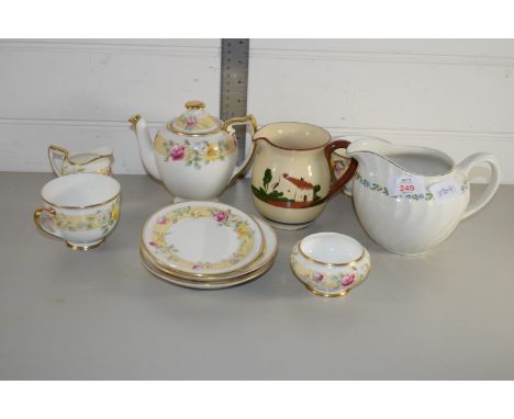 TEA WARES INCLUDING A ROYAL DOULTON TEA SET IN THE ROSAMUND PATTERN COMPRISING COFFEE POT, SMALL SUGAR BOWL AND MILK JUG AND 