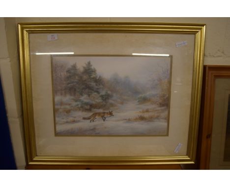 FRAMED PRINT, FOX IN WINTRY LANDSCAPE, APPROX 31 X 46CM