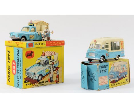 Corgi Toys; 447 Ford Thames Ice Cream Van "Wall's" - light blue body with cream back. off white interior, chrome trim and spu