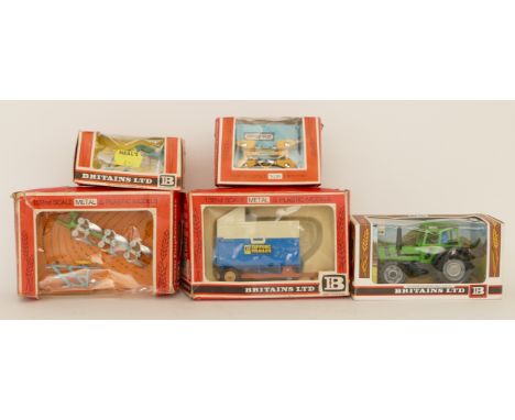 Britains Ltd; Comprising of five boxed farm vehicles and farming implements - 9566 High Sided Tipper Cart, 9526 Deutz Tractor
