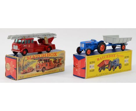 Matchbox Toys; K-15 Kingsize Merryweather fire engine, together with a K-11 Fordson tractor and farm trailer, both boxed. (2)