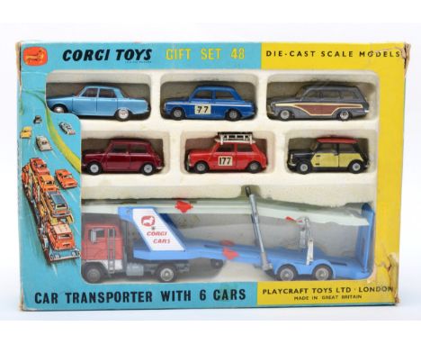 Corgi Toys; Gift Set 48 Ford Carrimore Car Transporter with Morris Mini Cooper, Mini Minor, Mini Cooper Wickerwork, Rover 200