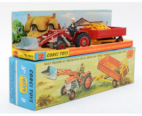 Corgi Toys; Gift Set 9 comprising Massey Ferguson 165 tractor with shovel, driver and tipping trailer with detachable raves, 