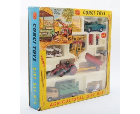 Corgi Toys; No.5 Agricultural Gift Set, comprising of Massey Ferguson tractor and trailer, Landrover, livestock transporter, 