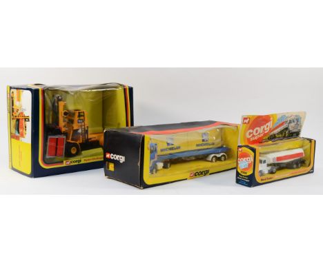 Corgi Toys; Comprising 1113 Hyster Challenger 800, Ford 'Michelin' articulated lorry No.1108, and a Corgi Super; Mack 'Esso' 