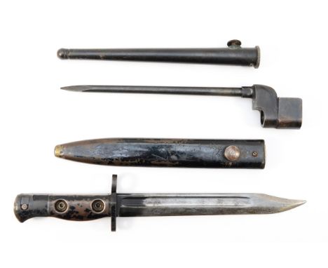 A British Army post war L1A3 knife bayonet, 20cm blade with broad arrow, 58E, scabbard, together with a WWII Lee Enfield Mk2 