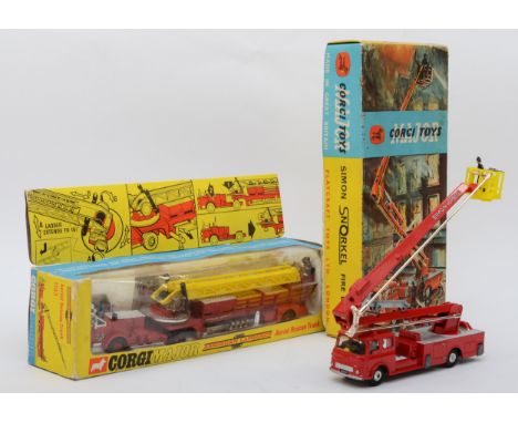 Corgi Major Toys; 1127 Simon Snorkel Fire Engine, boxed, together with a Corgi 1143 American Aerial Rescue Truck in display b