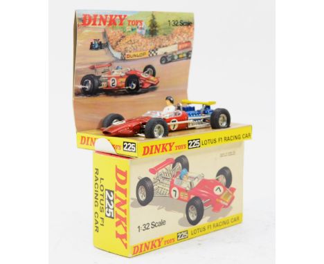 Dinky Toys; 225 Lotus Formula 1 Racing car, metallic red, blue engine, yellow airfoil, chrome detail, with driver, instructio