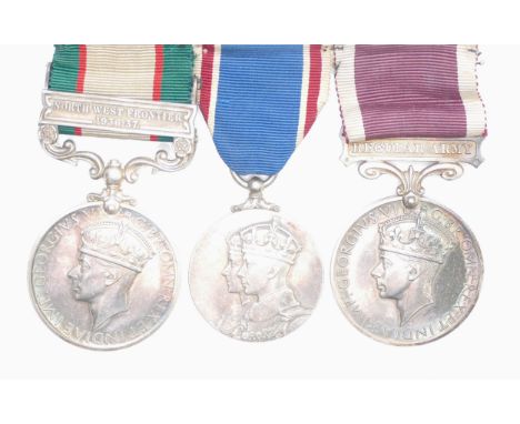 Trio mounted, India General Service Medal 1936-37, clasp, North West Frontier, Regular Army Long service medal, King George V