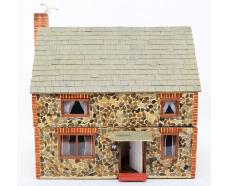 A mid 20th century dolls house 'Seagull Cottage' two story, four rooms with fitted furniture and illuminated lighting. (possi