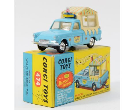 Corgi Toys; 474 Ford Thames Ice Cream Van "Wall's", light blue body with cream back and interior, chrome trim, spun hubs and 