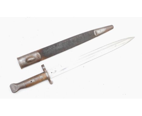 A Victorian British Army 1888 pattern bayonet and metal mounted steel scabbard, the 30cm blade with EFD proof marks and numbe