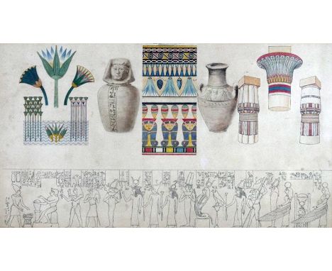 A 19th century watercolour and ink study of Egyptian hieroglyphs, architectural forms and symbols, framed and glazed, 23 x 43