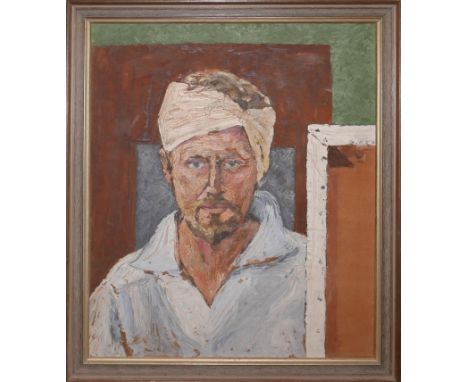 Unsigned, an early 20th century framed oil on board depicting a bandaged gentleman painting a canvas, possibly a self-portrai