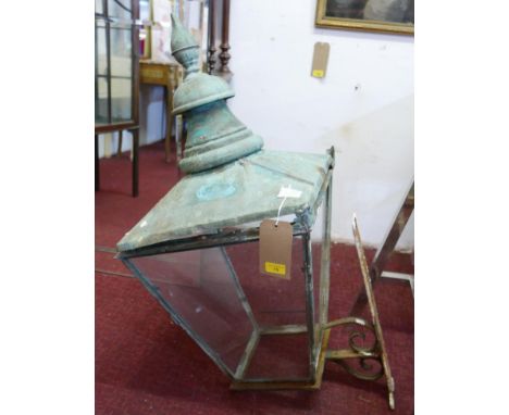 A large exterior wall mounted copper and glass street gas lamp shade 