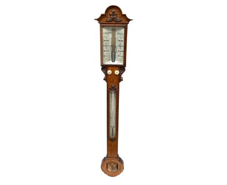 A 19th century carved oak mercury stick barometer, made by J. B. Dancer, Manchester, lower cover missing