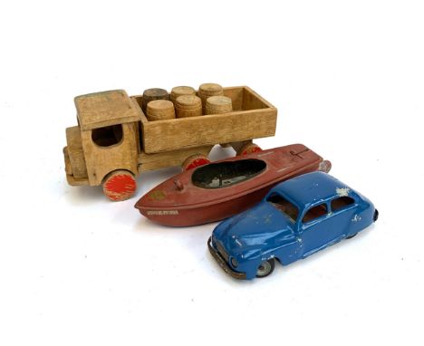 A 1950s Chad Valley Harbone tin plate windup car no.4255/46; together with a Sutcliffe 'Racer 1' windup speed boat, and a vin