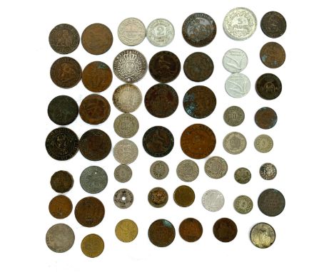 A collection of mostly 19th century European coinage to include: Louis XV 1726 Ecu, Swedish 12 Skilling (1716), 1/2 Skilling 