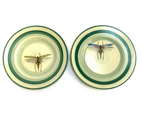 A pair of Susie Cooper Crown Works Burslem plates painted by Jean Knowles with Dragonflies, 22.5cmD
