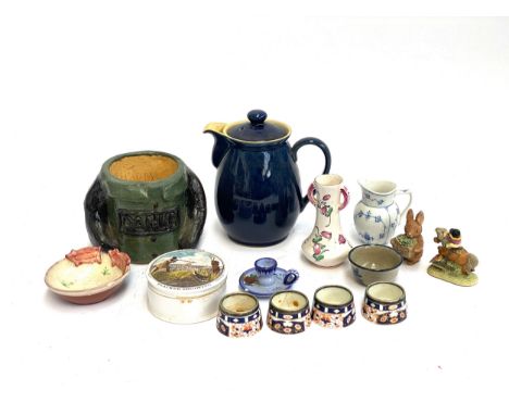A mixed lot of ceramics to include A.G Hackney Staffordshire lidded pot, the lid depicting 'St. James Flacker Shooting' after