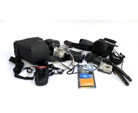 A quantity of photographic equipment and cameras to include HP 6.2 mp camera; Pentax Espio 928; Yashica Zoomtec 70; Fujifilm 