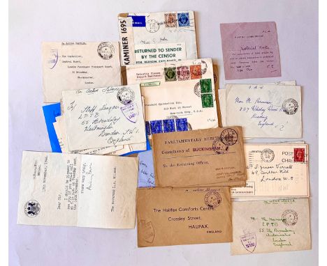 PHILATELY: VARIOUS COVERS inc. 'Returned to Sender by the Censor' labels and others generally war-time. From the collection o