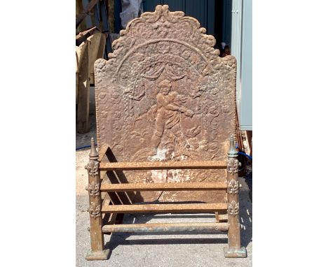 A cast iron and steel fire back and grate, repaired, approx 76cmH