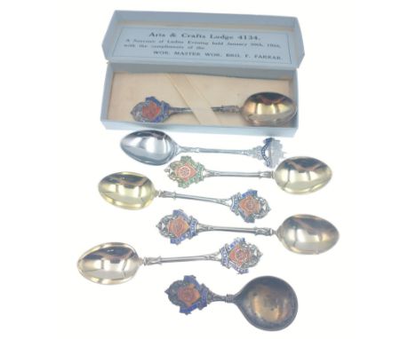 RARE! -   Arts and Crafts inspired MASONIC tea caddy spoon with Arts and Crafts and LODGE No 4134 inscribed on the blue ename