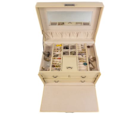 A cream leather style jewellery box with 3 drawers and inside mirror, containing a lots of pairs of earrings, box measures 18