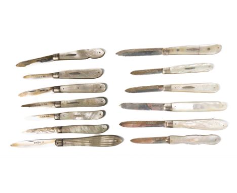 NOW WHERE DID I PUT MY POCKET KNIFE?  A super collection of thirteen (Yes, Thirteen!) Mother of Pearl handled silver bladed (