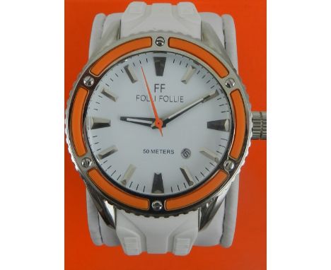 A Folli Follie stainless steel wristwatch, the enamelled dial with baton markers and date aperture, rubberized bezel, model n