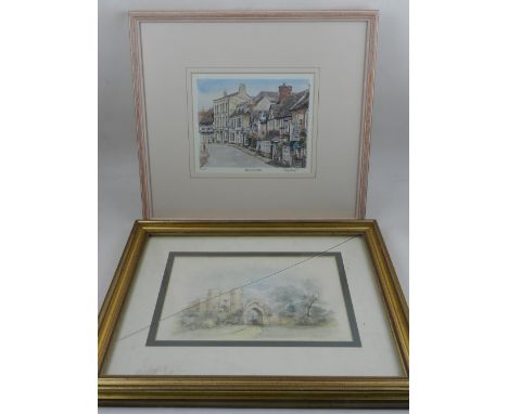 A 19th century watercolour of a ruined castle, signed and dated 1856 lower right, H: 15.5cm W: 24cm, together with two others