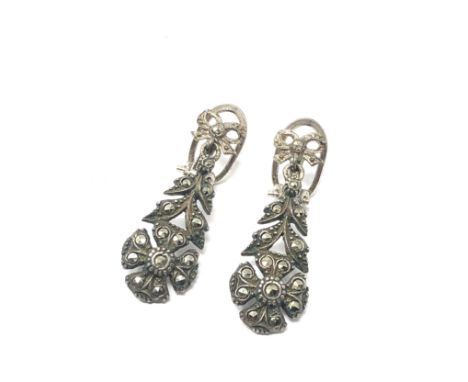 pair of antique long drop silver &amp; marcasite earrings measure approx 3.3cm drop xrt tested as silver 