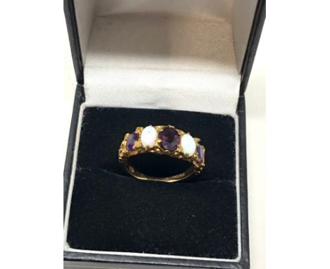 9ct gold vintage opal &amp; amethyst ornate gypsy setting ring (3.5g) 