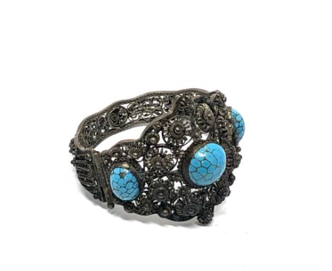 Vintage silver &amp; turquoise set filigree bangle weight 51g 