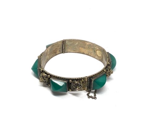 Vintage continental silver filigree &amp; green stone panel  bangle weight 47g 