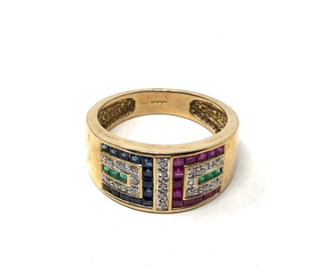 9ct gold emerald, sapphire, ruby &amp; diamond stylised pave setting ring (5.3g) 