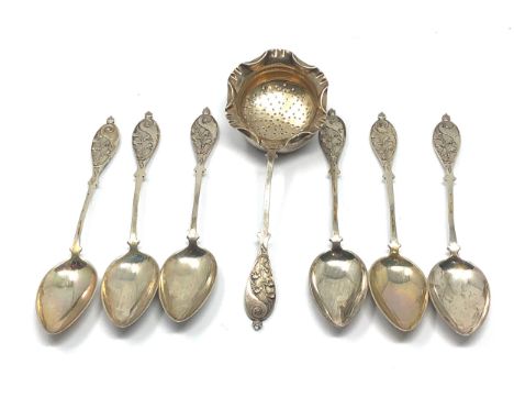 6 antique continental silver tea spoons &amp; strainer 