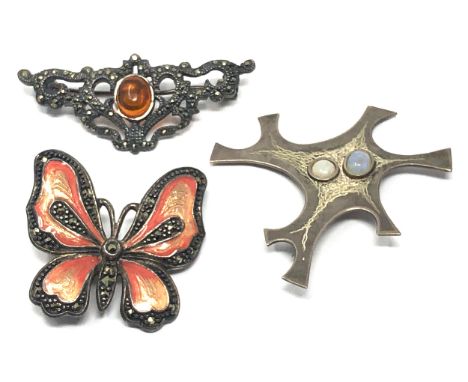 3 Vintage silver jewellery brooches items inc silver enamel butterfly brooch opal brooch &amp; amber marcasite brooch weight 