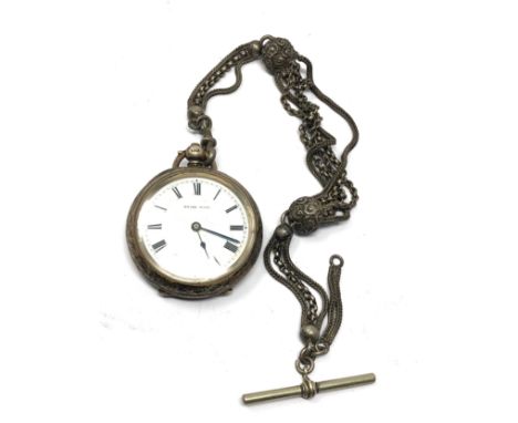antique swiss silver ladies fob watch &amp; albertina watch chain case measures approx 39mm dia untested 