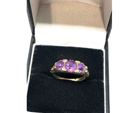 9ct gold vintage amethyst &amp; old cut diamond gypsy setting ring (3.3g) 