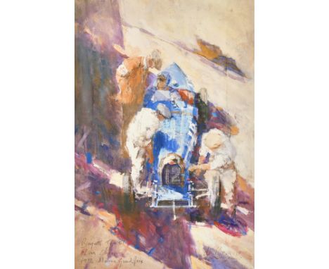 Dexter Brown (b. 1942) British, mechanics gathered around a Bugatti, coloured print, limited edition of 25, inscribed in the 