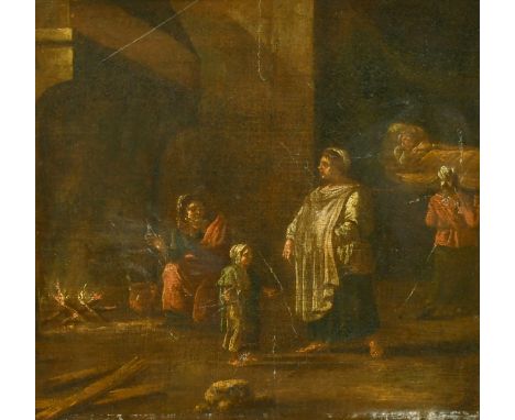 Old Master painting of figures in an interior by a fire, oil on canvas, 11.5" x 11.5".
