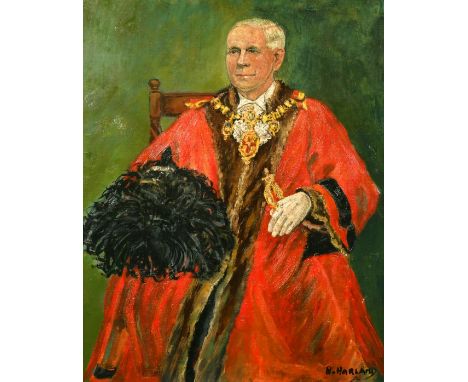 R. Harland (20th Century) Portrait of Cllr C.W. Frid, Mayor of Rochester 1968-1969, oil on board, signed, label verso 20" x 1