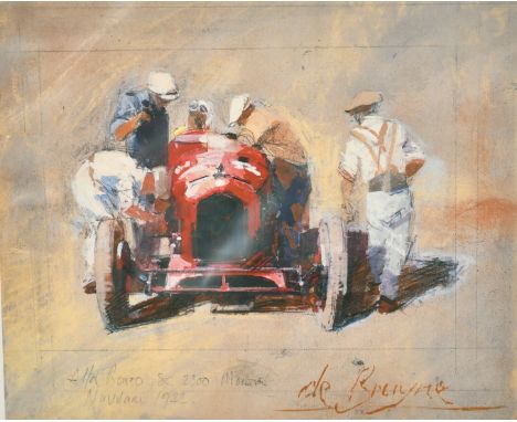 Dexter Brown (b. 1942) British, mechanics gathered around an Alfa Romeo, coloured print, limited edition of 25, inscribed in 
