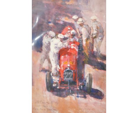 Dexter Brown (b. 1942) British, mechanics gathered around an Alfa Romeo, coloured print, limited edition of 25, inscribed in 