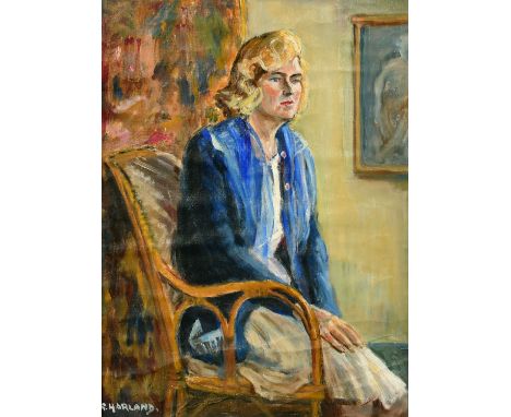 R. Harland (20th Century) Portrait of a seated lady wearing a blue jacket, signed, 16" x 12" along with a seated nude lady, 2
