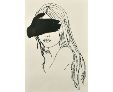 20th Century, A black and white print of a female with her eyes covered, 39" x 28".