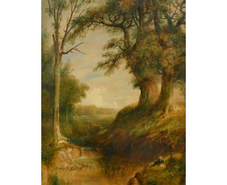 R. Whale, (Late 19th Century) A quite glade with a young man lying on the ground writing next to a stream with deer in the di