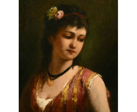 19th Century English School, Portrait of a young lady with flowers in her hair, oil on canvas, 12" x 10".